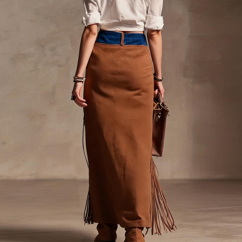 Women's Color Tassel-Patchwork Denim Asymmetrical Suede Midi Skirt