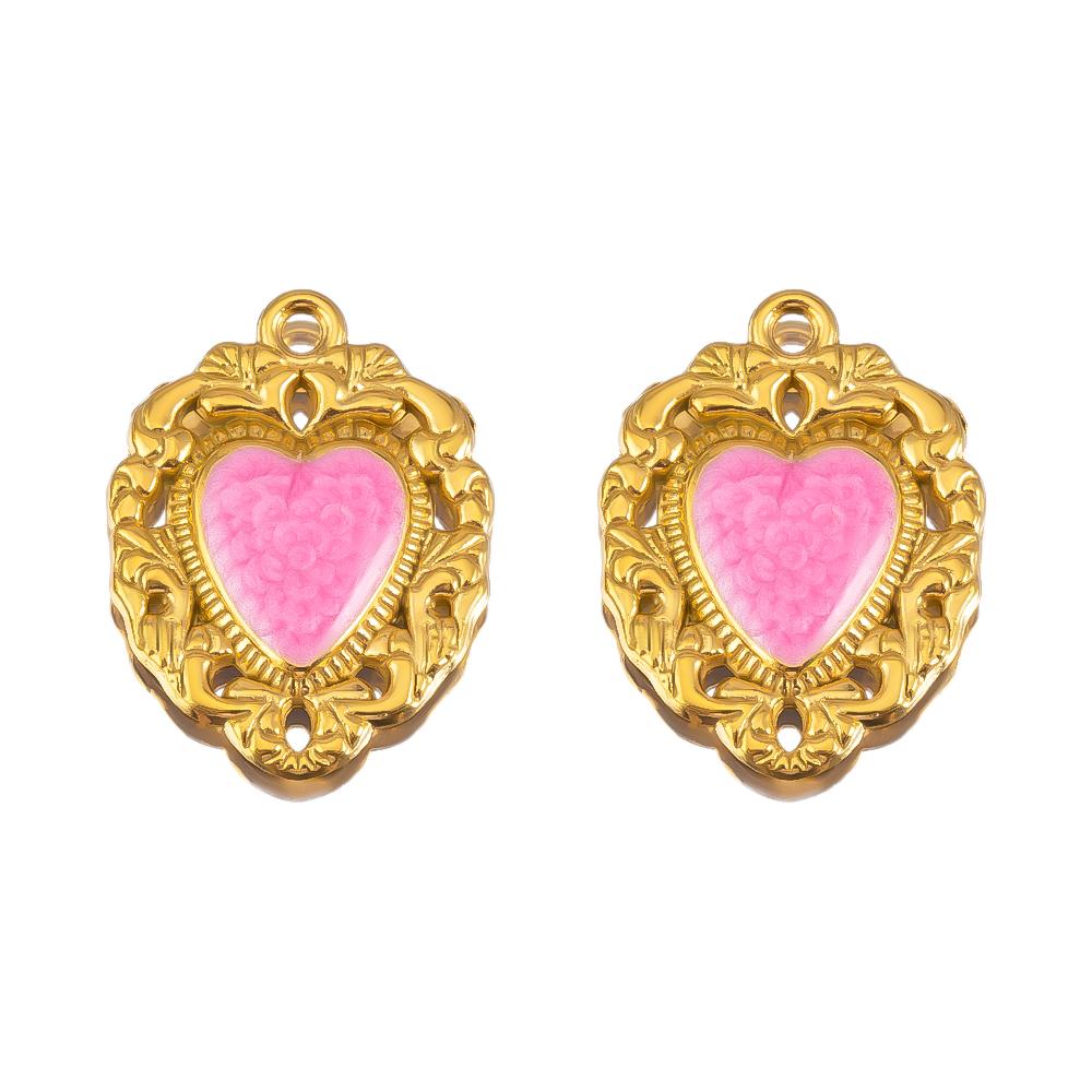 2pcs Stainless Steel Charms Retro Pink Enamel Rose Flower Heart Necklace Charm for DIY Earring Jewelry Making Pendant Supplies