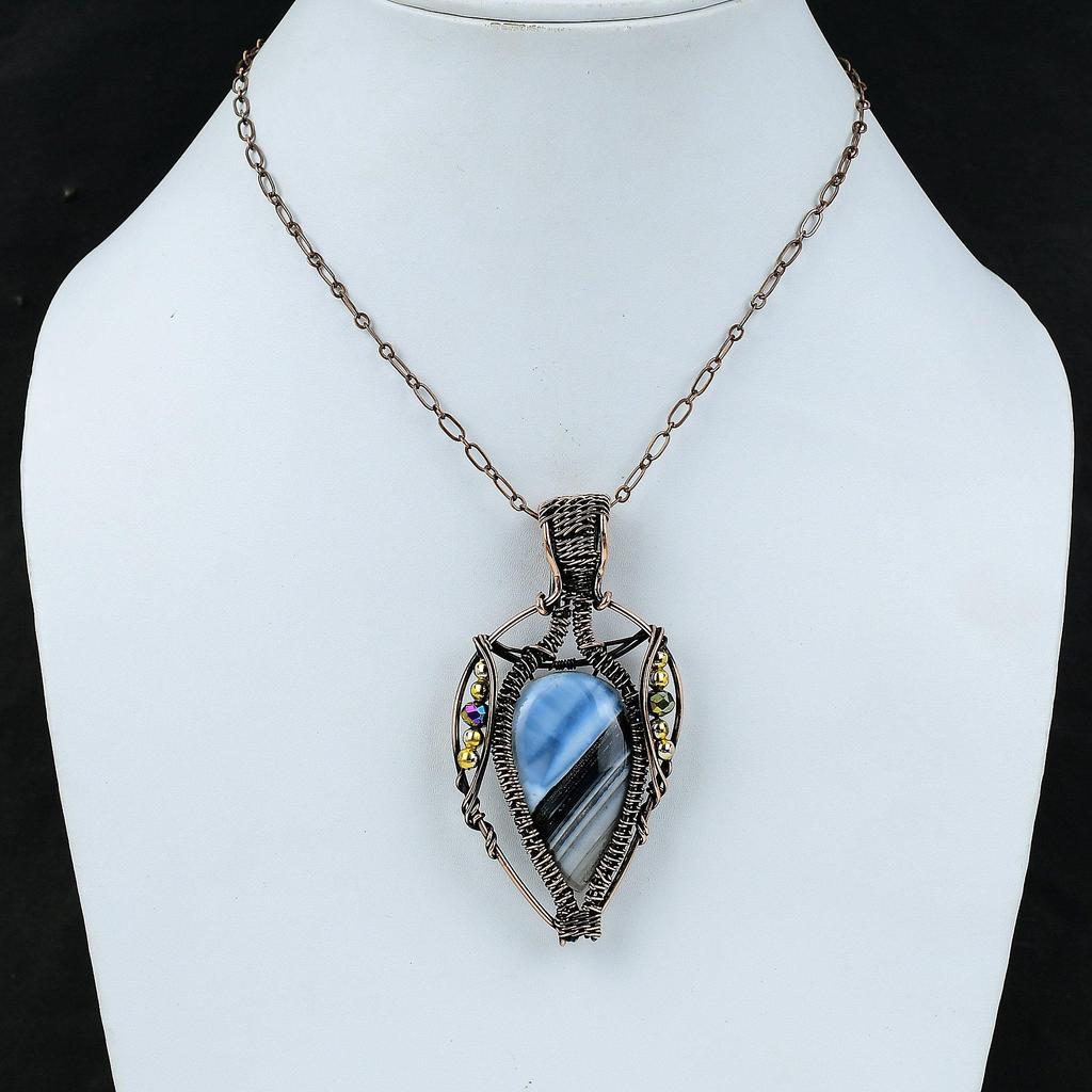 Owyhee Blue Opal Pendant Copper Wire Wrapped Pendant Gemstone Copper Jewelry Titanium Beads Pendant Handmade Wire Wrap Jewelry Gift For Her