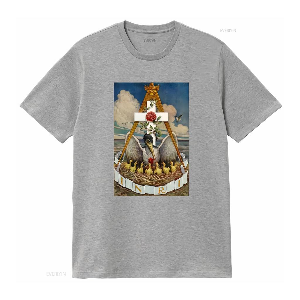Esoteric shirt INRI The pelican feeding its young Initiation occult symbol Masonic Knight Rose Croix Rosicrucian cross seal tee