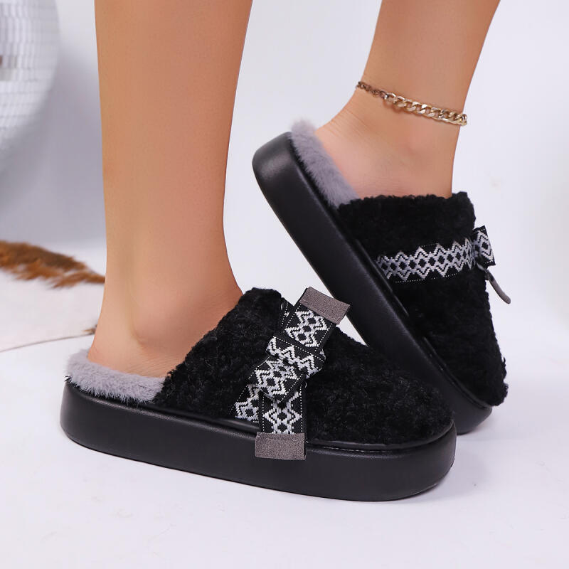 Fashion Sweet Bowknot Fluffy Fur Indoor Slippers Women 2025 Winter Comfort Thick Bottom Home Slippers Warm Plush Non Slip Woman's Slides