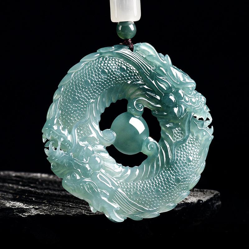 Blue Water Jadeite Double Dragon Pendant for Prosperity