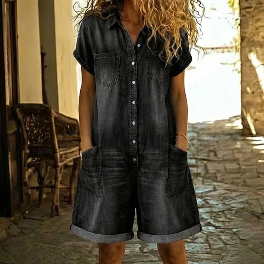 Women's Lapel Short Sleeve Button Down Multi Pocket Cuffed Hem Denim Romper Jumpsuit