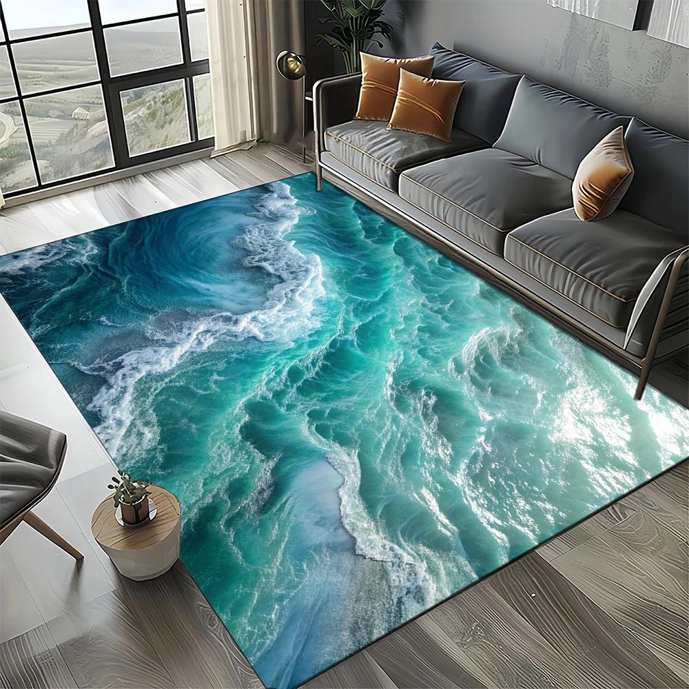 2025 New Style Blue Green Sea Wave Seawater Nature 3D Carpet Rug for Living Room Bedroom Home Sofa Decoration,Non-slip Floor Mat