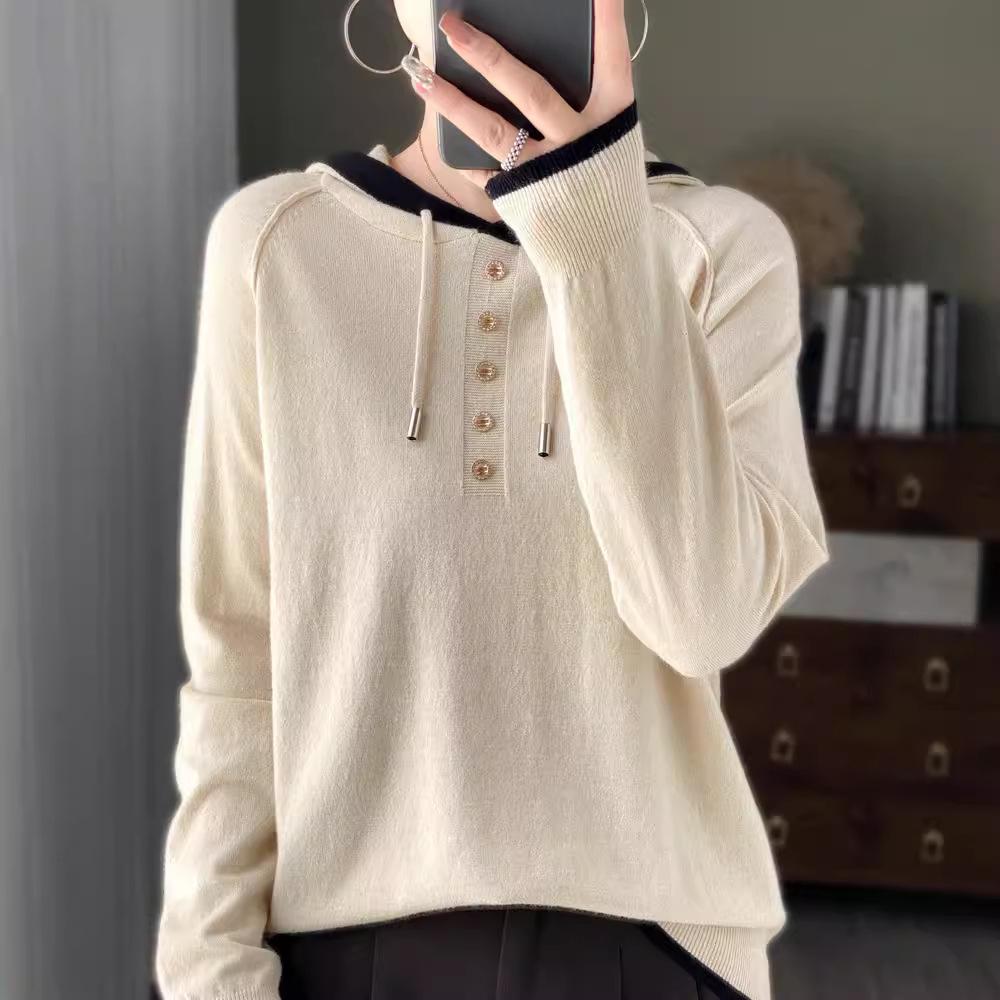 Jesienna i zimowa bluza z kapturem damska dzianinowa, blokowanie kolorów, pół wiązanie na guziki, luźna, swobodna, prosta, ściągana u dołu sznurkiem