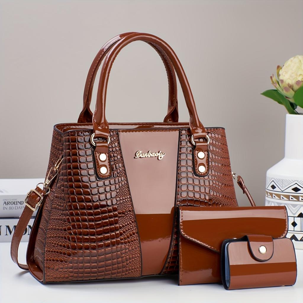 Luxury 3pcs Handbag Set Crocodile Pattern Large Capacity Crossbody Bag Glossy Patent Leather Tote Bag with Wallet and Card Bag