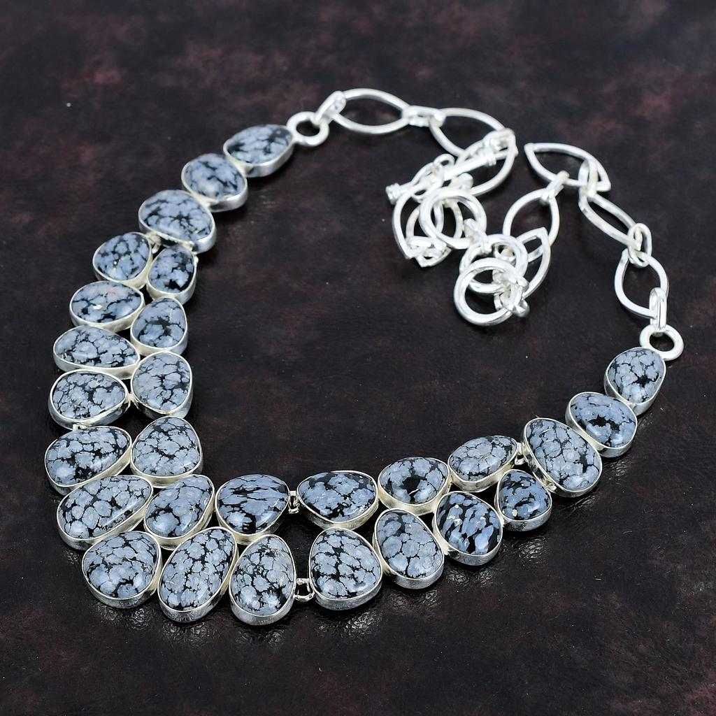 Piatra prețioasă Obsediană Fulg de Nea Lucrată Manual Argint Sterling 925 Bijuterii Colier 18" AMN-670