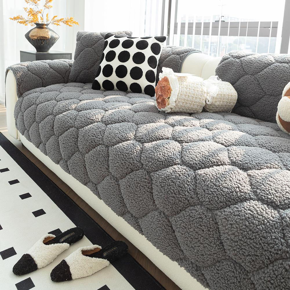 Winter Plush Sofa Cushion Grid Pattern Batted Sofa Pad Non-Slip Home Protection Sofa Cover for Living Room, Office