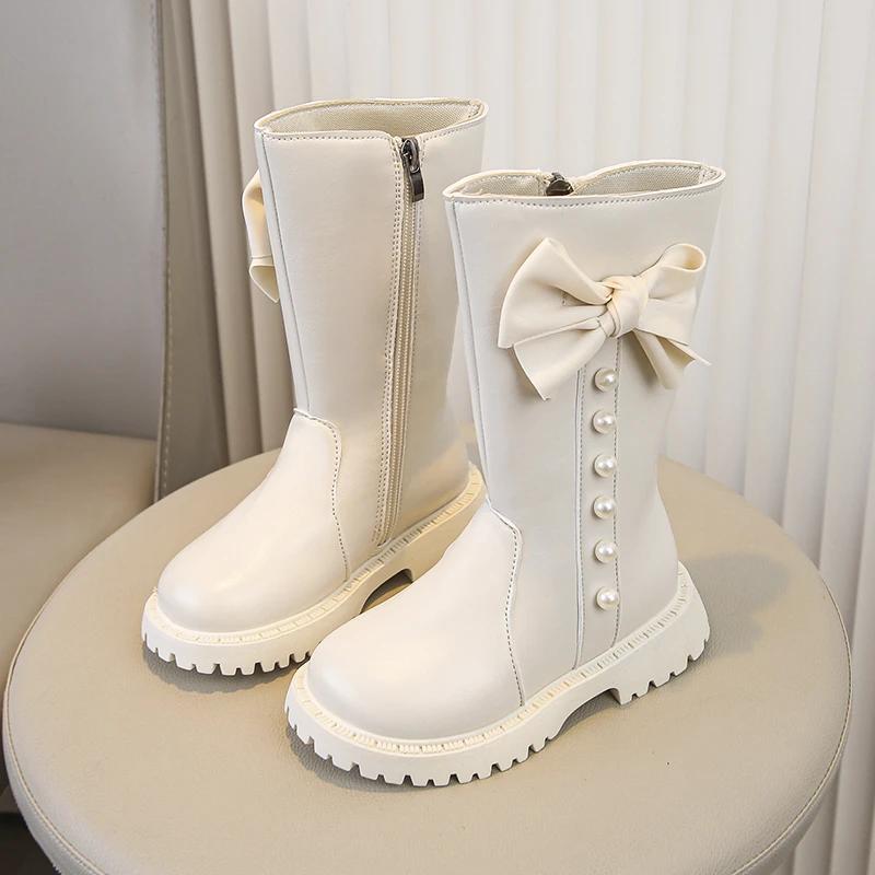 

Girls Mid-calf Boots Princess Style Big Bows Kids Long Boots Round Toes Autumn Children Boots Side Zipper 25 бежевый