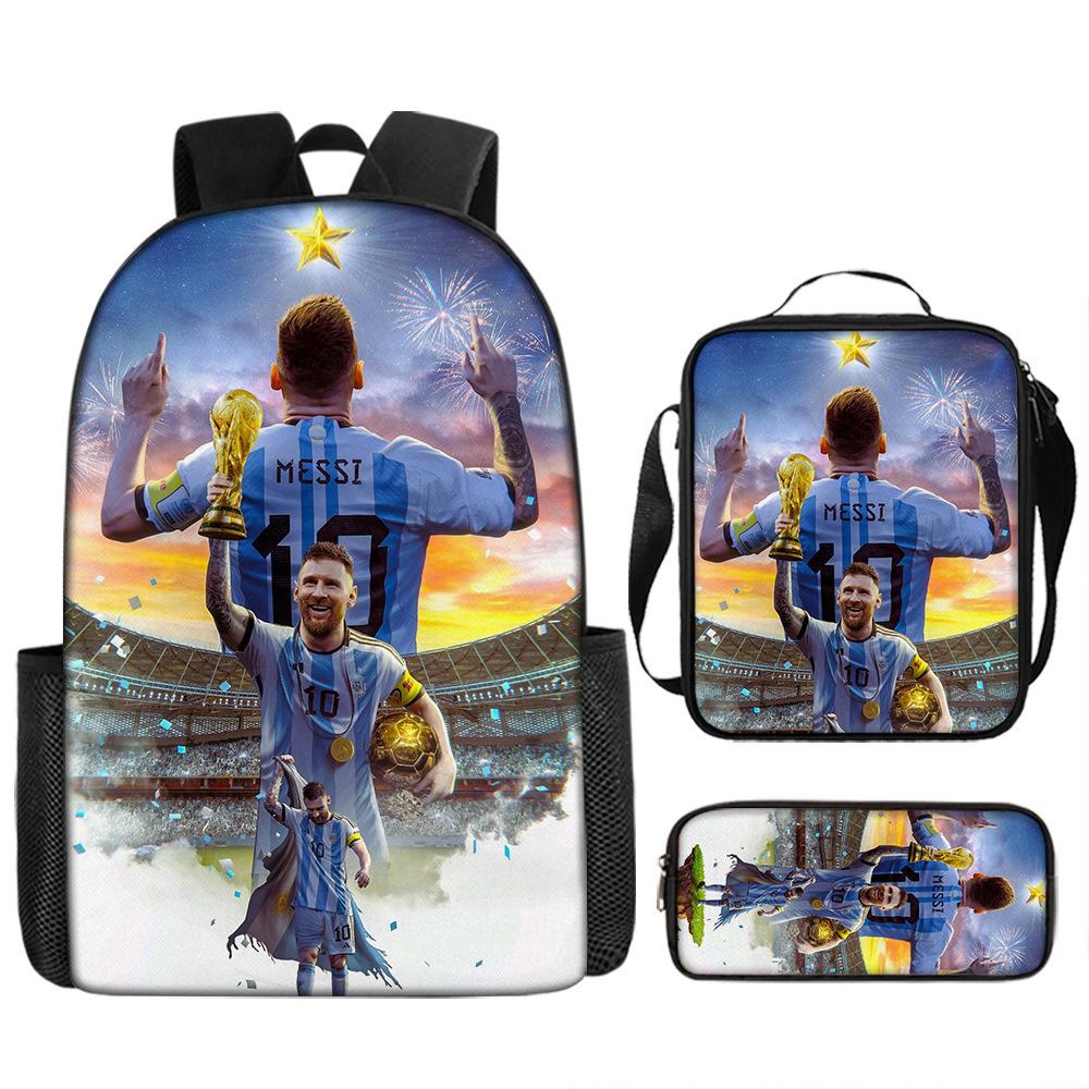 Sac à dos scolaire imprimé Messi pour étudiant Sac à dos Satchel C Luo pour Neymar Ensemble trois pièces