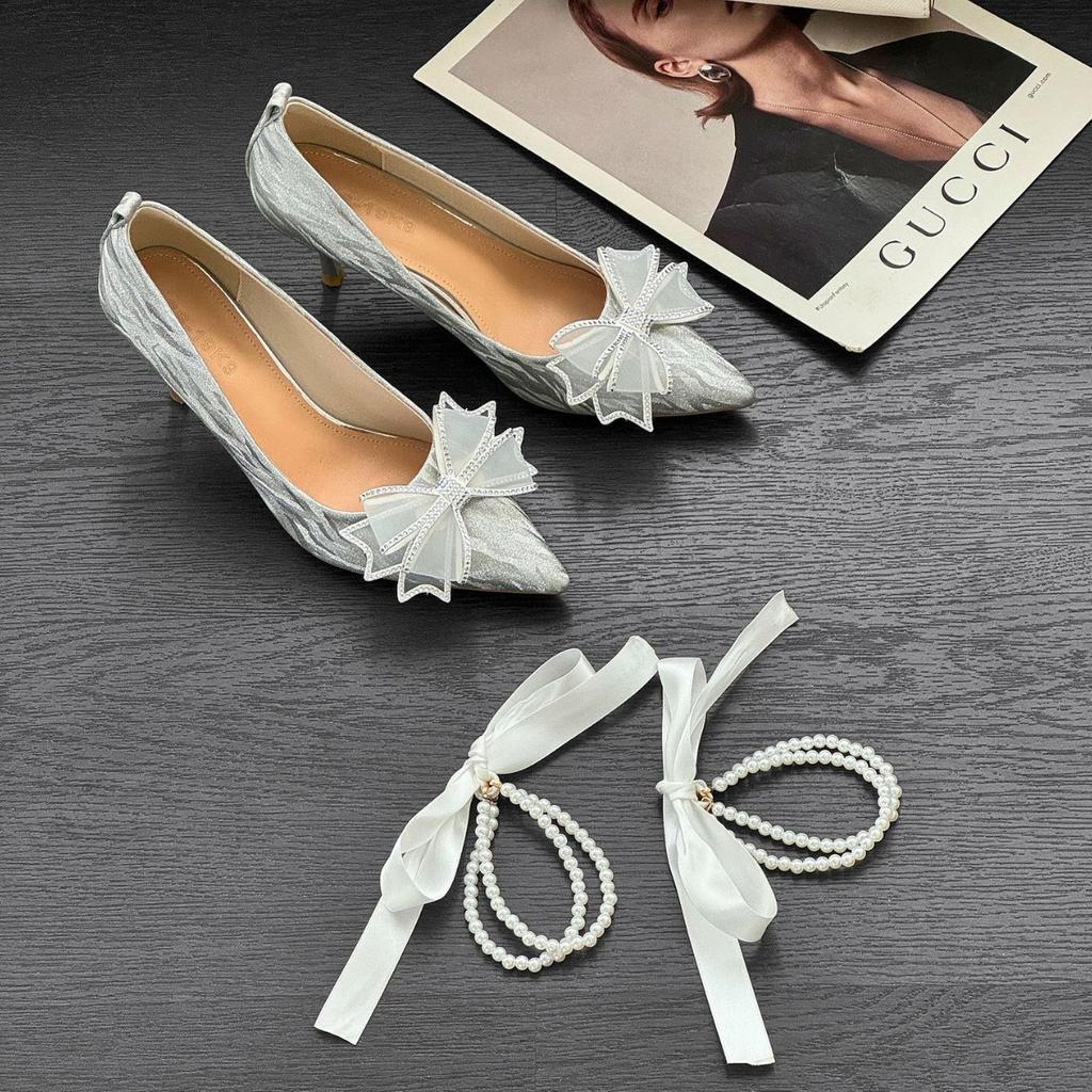 Festive shoes pointed high heels women's wedding shoes 2025 spring new French single shoes bride engagement shoes Xiuhe shoes