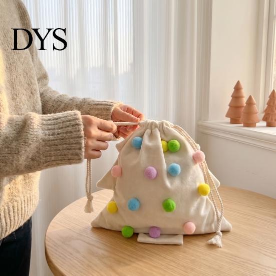 Soft Fabric Party Favors Christmas Tree Drawstring Gift Bag, Plush Pom Bell Hanging Cute Fur Ball Ornaments Ornament, Reusable Candy Pouch Decor