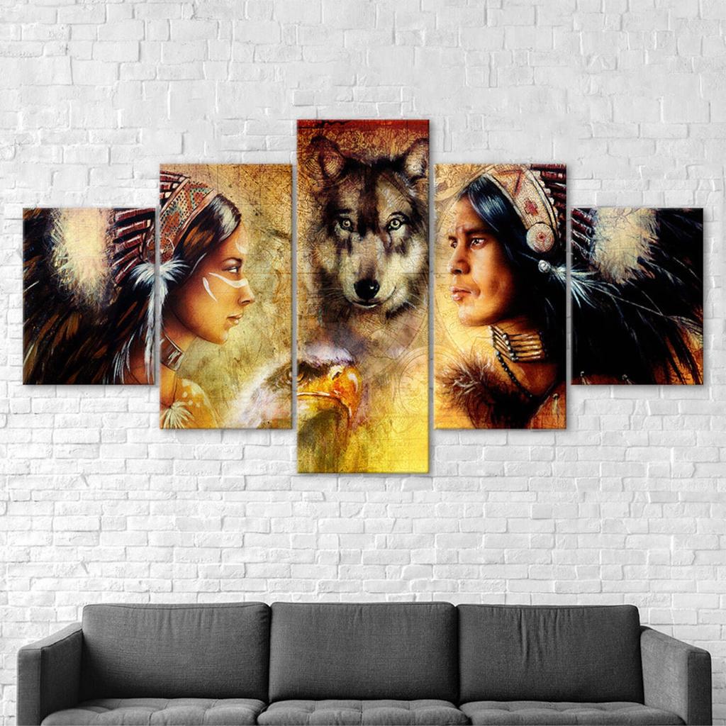 Native Indians And Wolf 5 Piece Five Panel Wall Canvas Print Modern Art Poster Picture Home Decor Gift For Him For Her