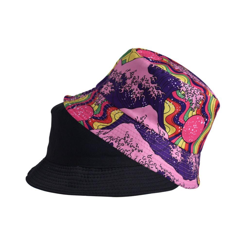 80s 90s Beach Fishing Hat Double-side Print Cap Retro Reversible Fisherman Hat  Men Women