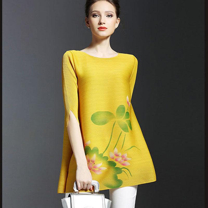 

Плиссированное платье, простая футболка средней длины с круглым вырезом, новинка лета, женское платье с рукавами пятью точками, свободное платье с короткими рукавами и принтом, топы XXXL жёлтый