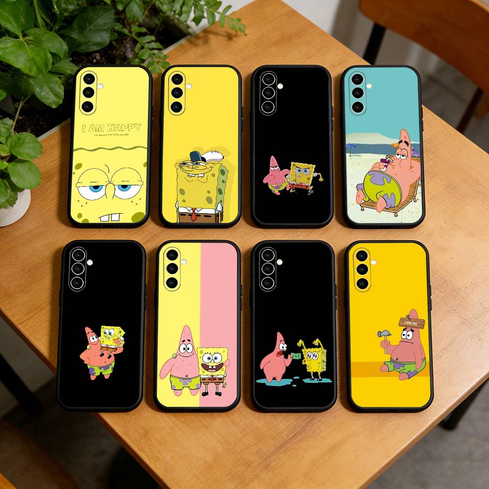 S-Sponge Funny B-Bob Animation Phone Case Black Silicone Soft For Samsung Galaxy A73,A72,A71,A70,A53,A52,A51