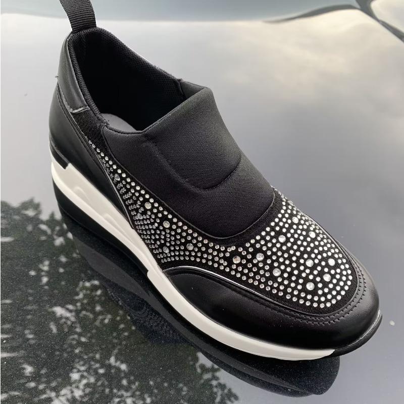 Plus Size Women's Shoes Thick-Soled Sequined Solid-Color Slip-On Breathable Flats Lightweight Wedge Sneakers Women's Single Shoes