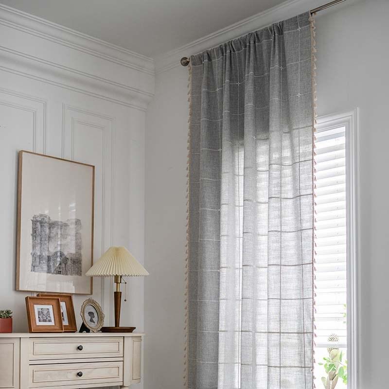 Cotton And Linen Knitted Jacquard Living Room Bedroom Window Beige Tassel Blackout Valance Decorative Shading Curtain