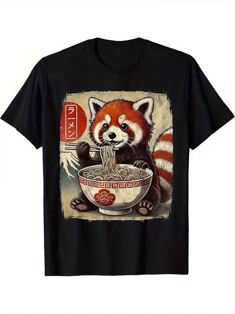 [Fun Red Panda T-Shirt] Fun Red Panda Men s T-Shirt | Kawaii Anime Ramen Eating L