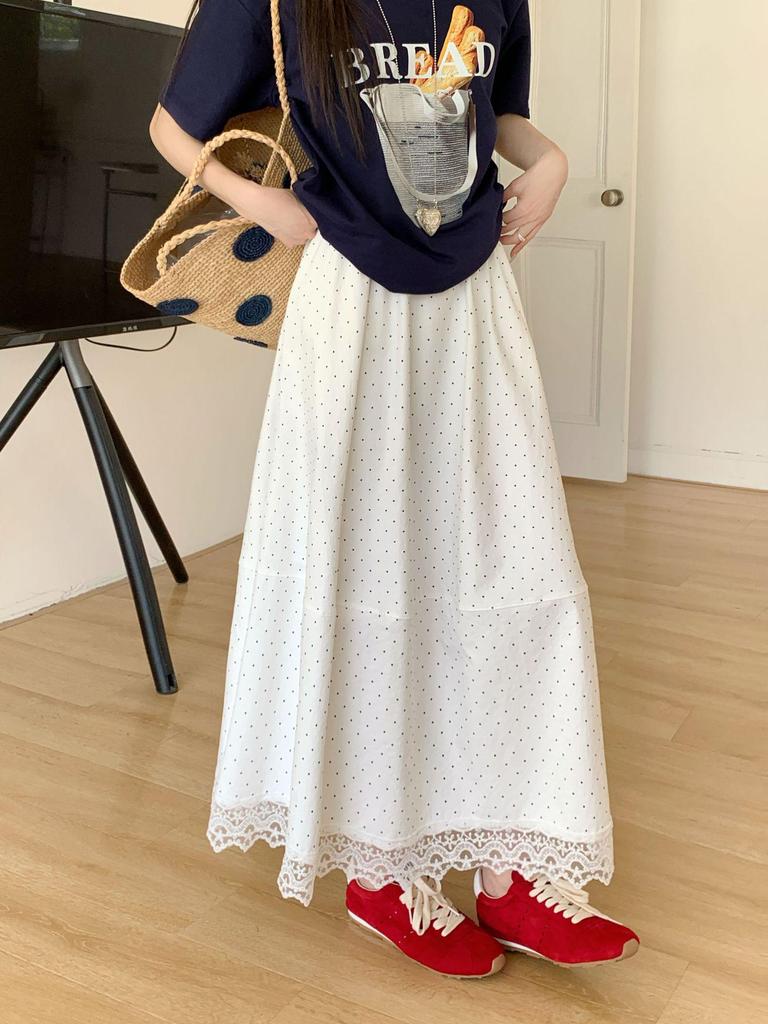 Plus Size Women's Korean Polka Dot Lace A-line Midi Skirt - High Waist Summer Style