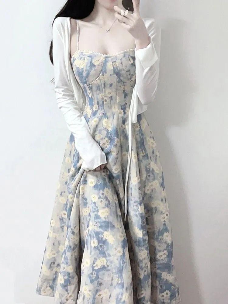French blue oil painting long dress seaside vacation beach dress floral suspender dress women's spring high-end women's clothing