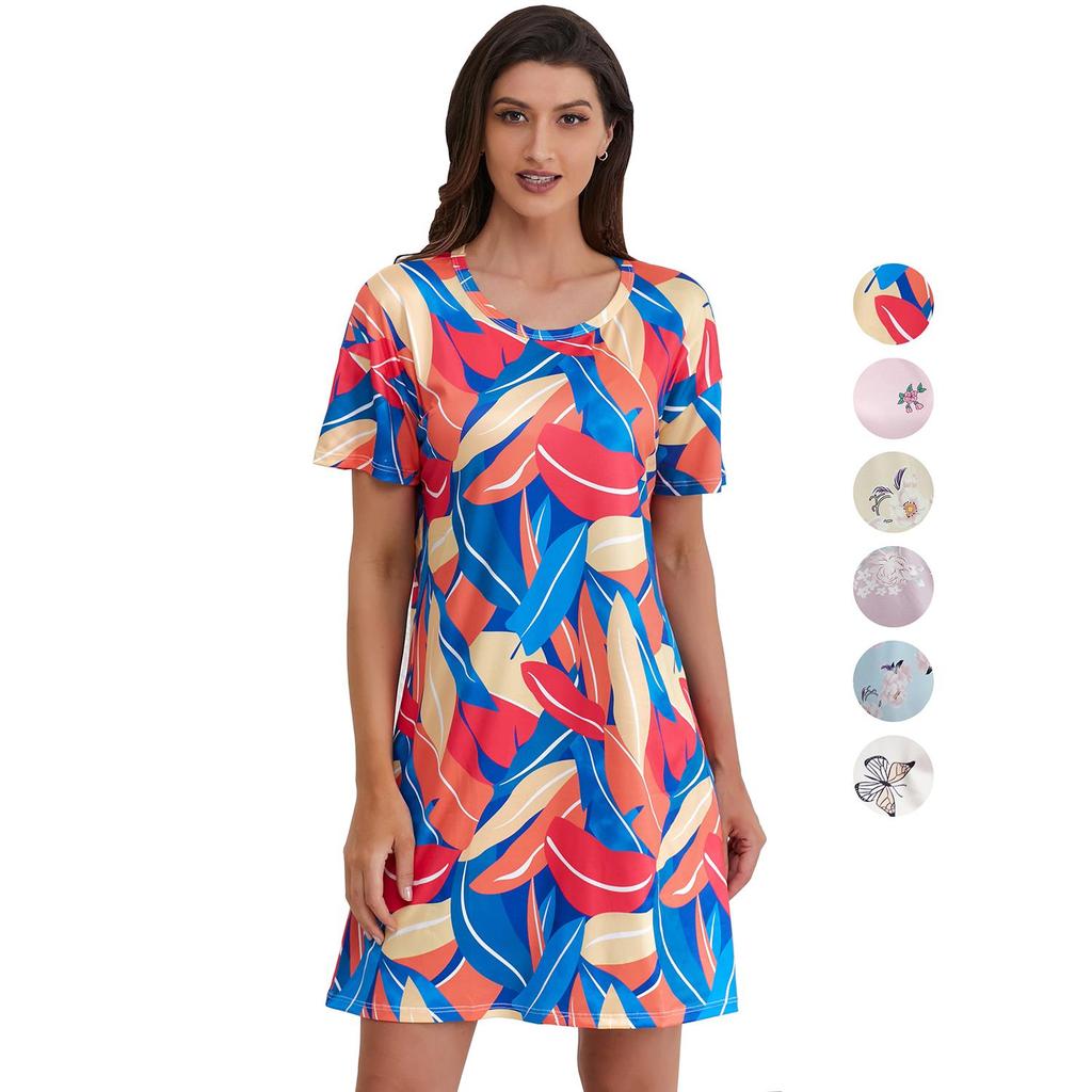 Abito da pigiama da donna in poliestere lavorato a maglia a maniche corte Camicie da notte floreali stampate Camicie da notte allentate estive Abbigliamento casual da salotto per dormire