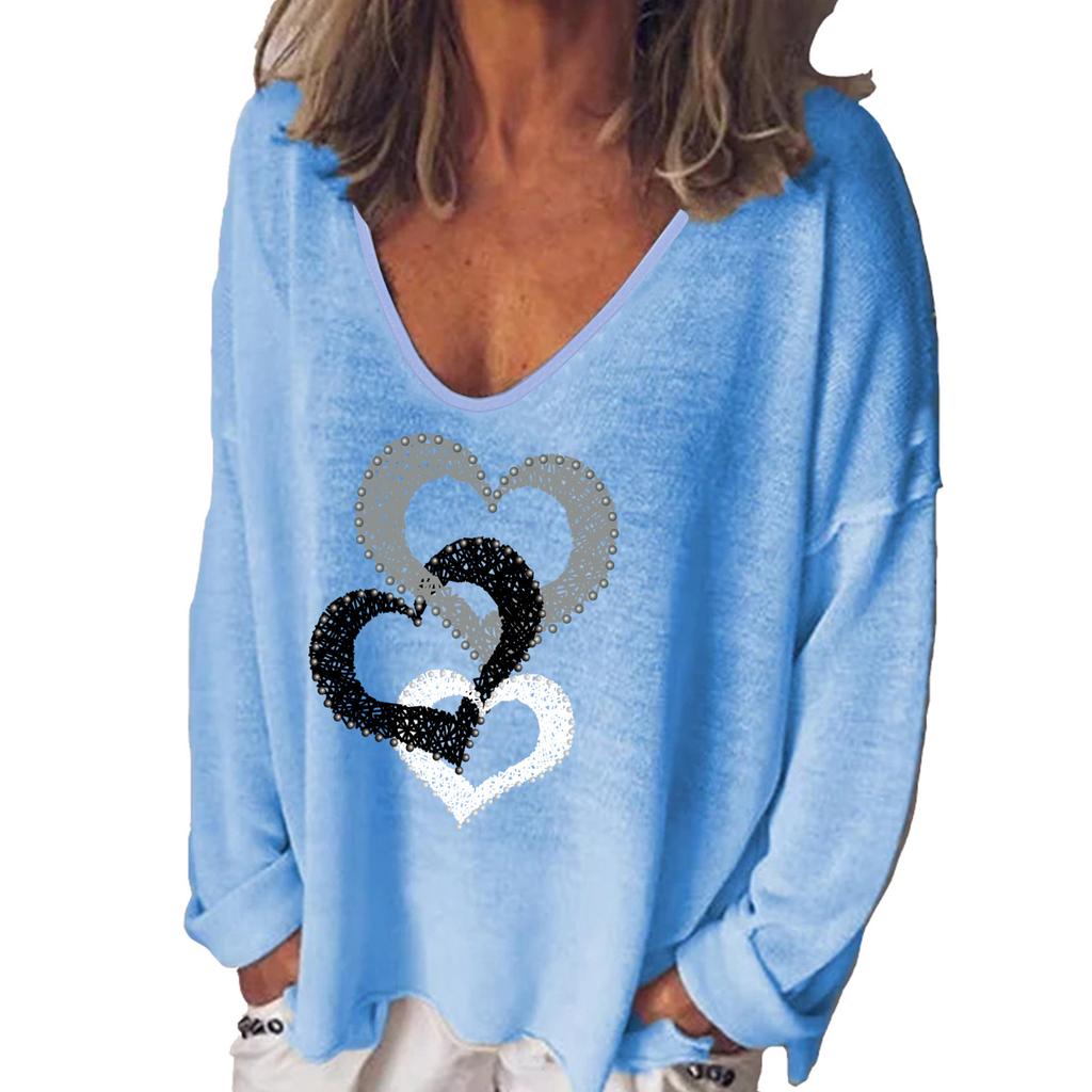 Women S V Neck Long Sleeve Heart Print Loose T Shirt