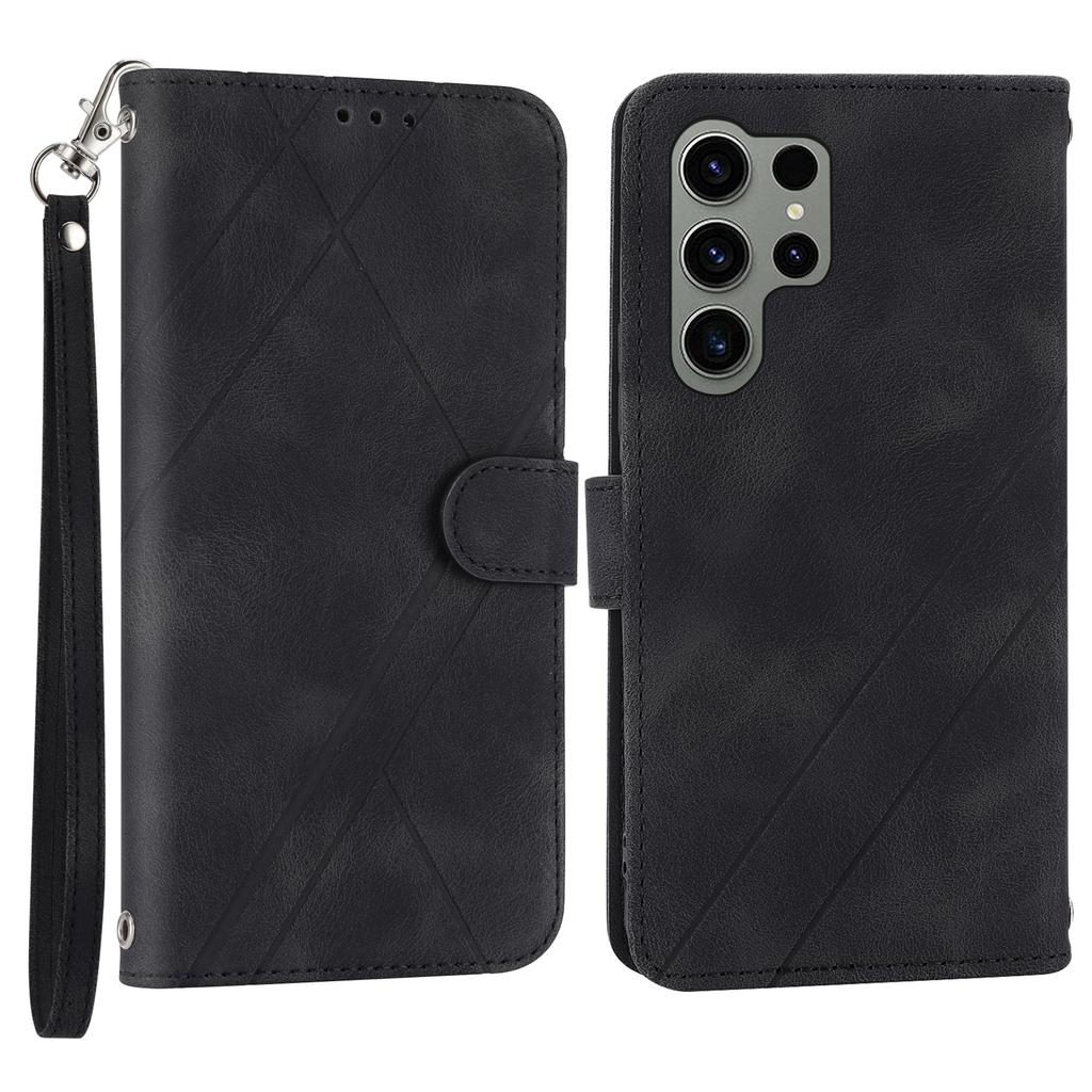 For Samsung Galaxy S25 Ultra Case Imprinted Line Leather Phone Cover with Handy Strap