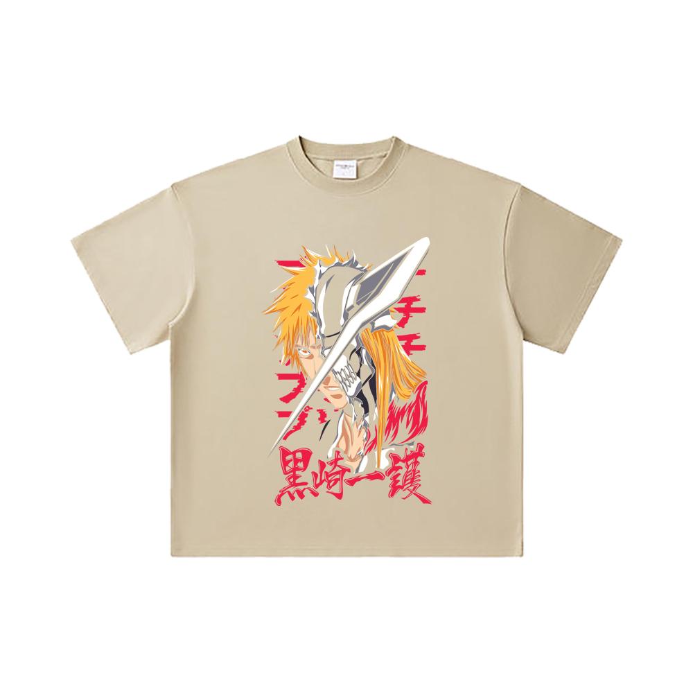 260 GSM Double Yarn 32 Count 100% Cotton Bleach V4 Ichigo Print Unisex Heavy Cotton T Shirt