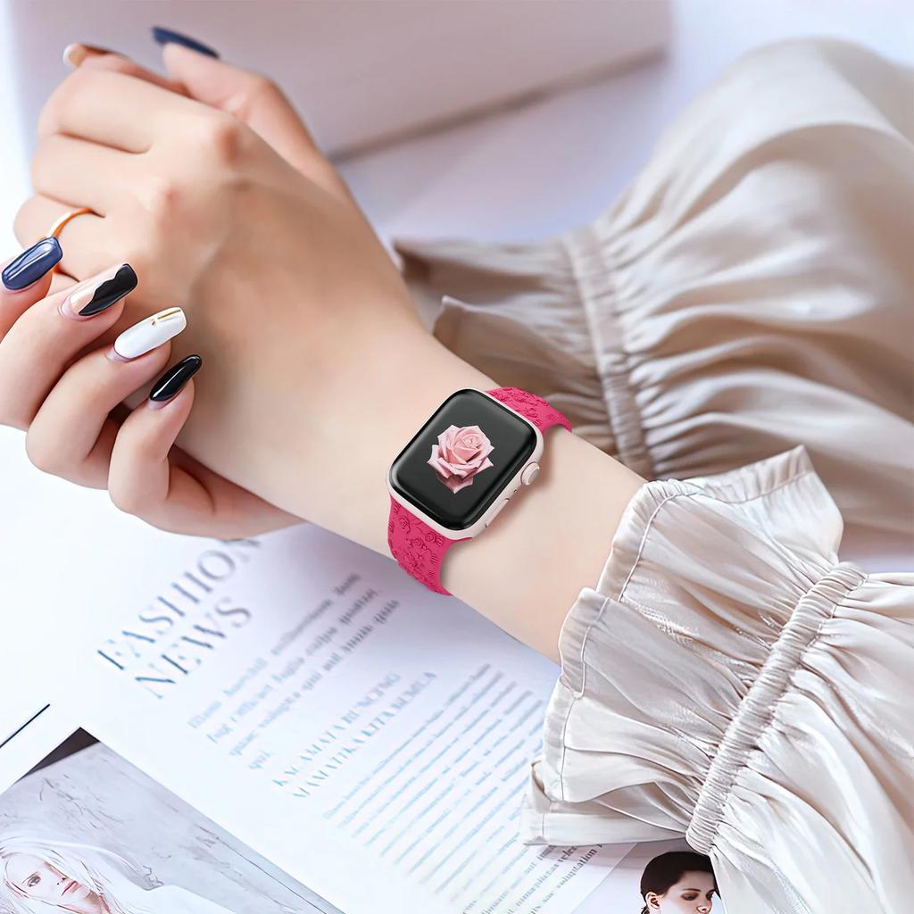 Floral Engraved Strap For Apple Watch Band 40mm 44mm 41mm 49mm 45mm 38mm 42mm Silicone Bracelet Iwatch Series 9 7 Se 6 8 Ultra 2