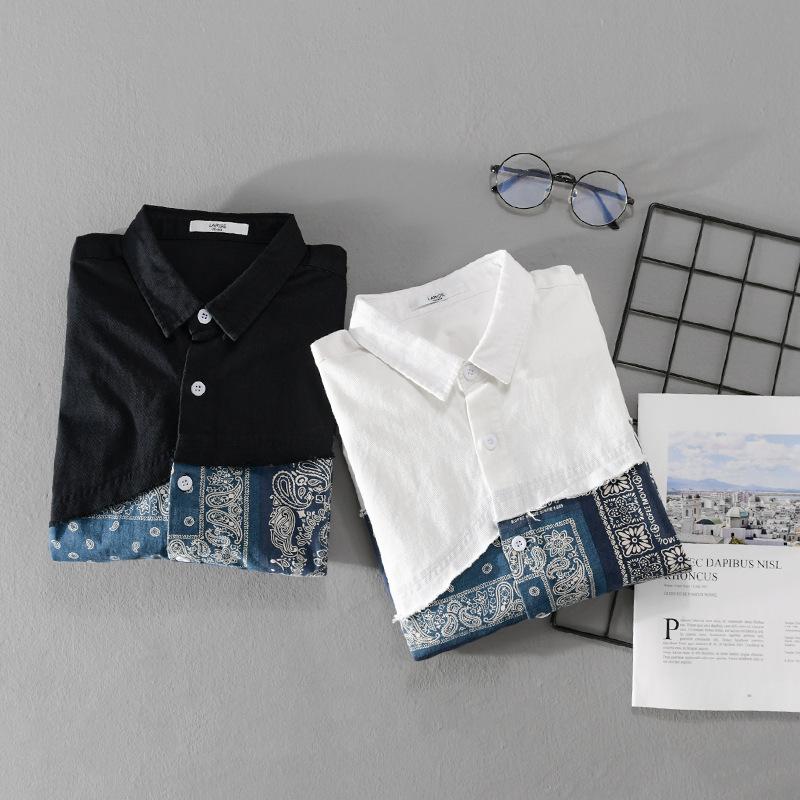 Men's Spring Autumn Turn-down Collar Long Sleeve Patchwork Printing Blouse Clothing Casual Button Loose Shirts