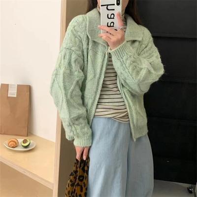 Retro Lazy Wind Lapel Zipper Knitted Cardigan Women's Autumn and Winter New Loose Simple Sweater Jacket Top