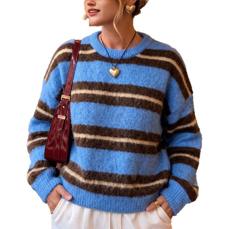Damen S Locker Geschnitten Gestreift Rundhals Langarm Strickpullover Pullover