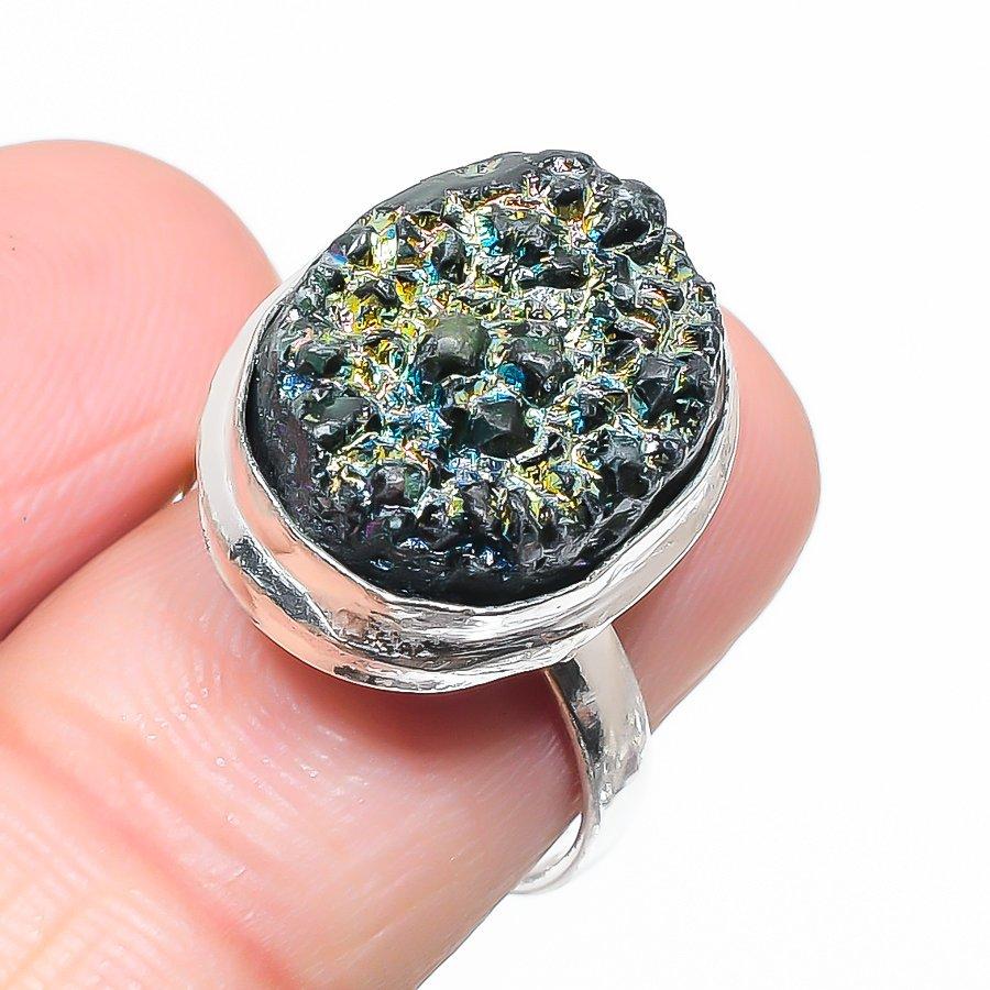 

Кольцо из стерлингового серебра 925 пробы с натуральным титаном, драгоценный камень Друзы, ручной работы, размер 7 v1J54