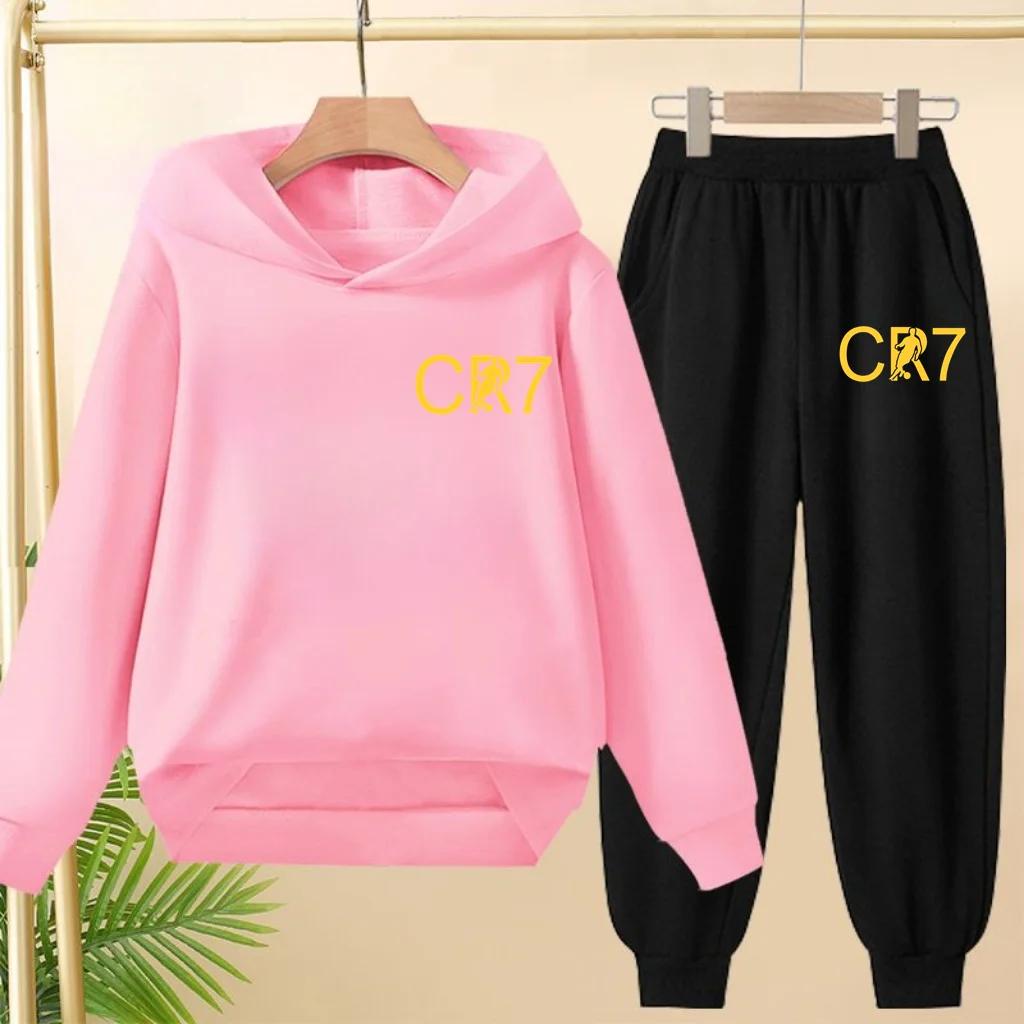 Kinder Gelb CR7 Fußball Idol Aufdruck Hoodie Set Jungen Mädchen Sport Jogging Freizeit Sweatshirt Oberteil mit Hose 2-teiliges Kleinkind Outfit