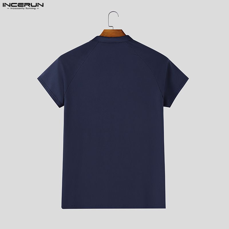 INCERUN T-shirt e Top da Uomo con Scollo a Revers, Manica Corta, Rete Trasparente, Patchwork