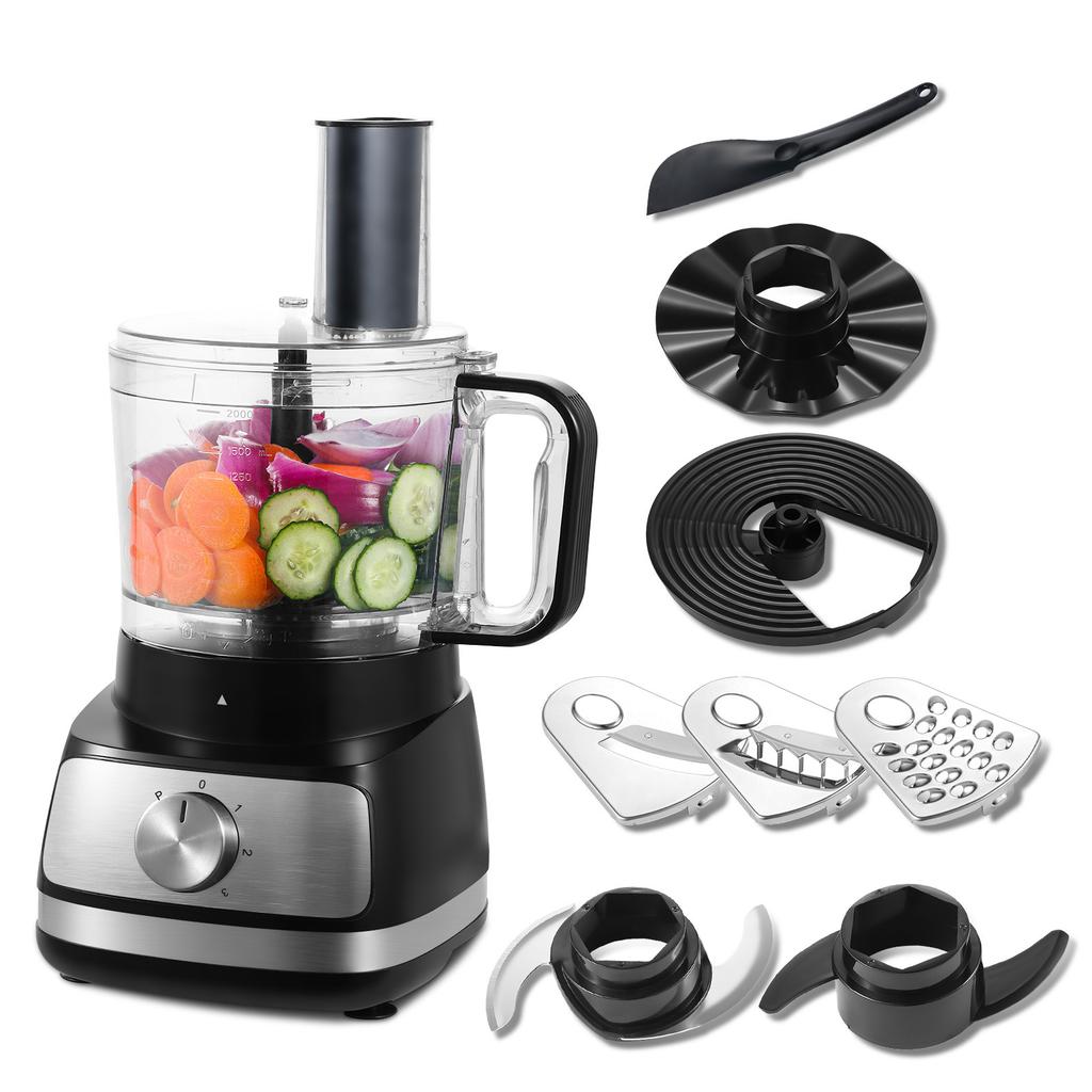 TopStrong 6-in-1 Food Processor 800W 2L Silver Multifunctional Chopper Slicer Shredder Kneader Dough Blender 3 Speeds Pulse EU