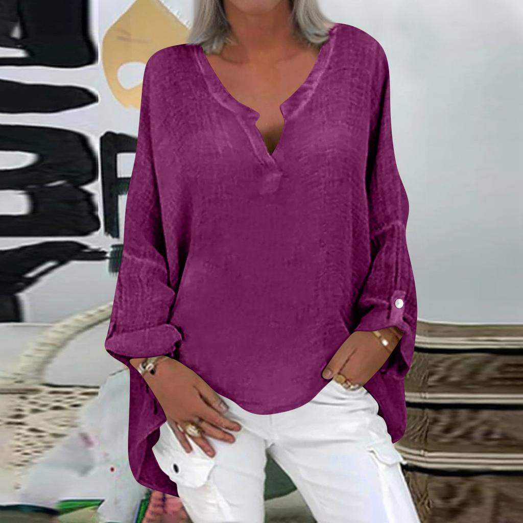 Women's Fashion Long Sleeve Cotton Linen Colour Casual V-Neck Blouse Top
