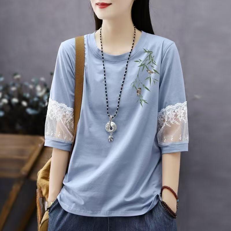 Pure Cotton Summer New Chinese Style Five-quarter Sleeve Top for Women Large Size Foreign Style