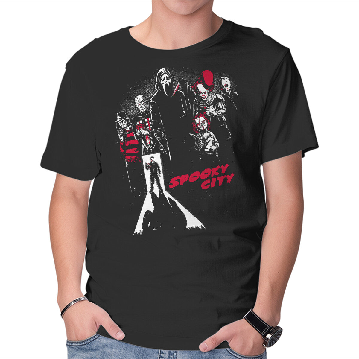 Unisex Crew Neck T-Shirt Spooky City Graphic Short Sleeve Casual Tee S