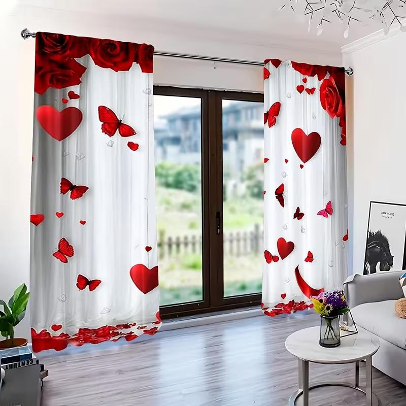 2 Stück Rote Rose Herz Schmetterling Transparente Vorhänge Romantischer Valentinsdruck Lichtfilternde Vorhänge Süße Heimdekoration für Schlafzimmer
