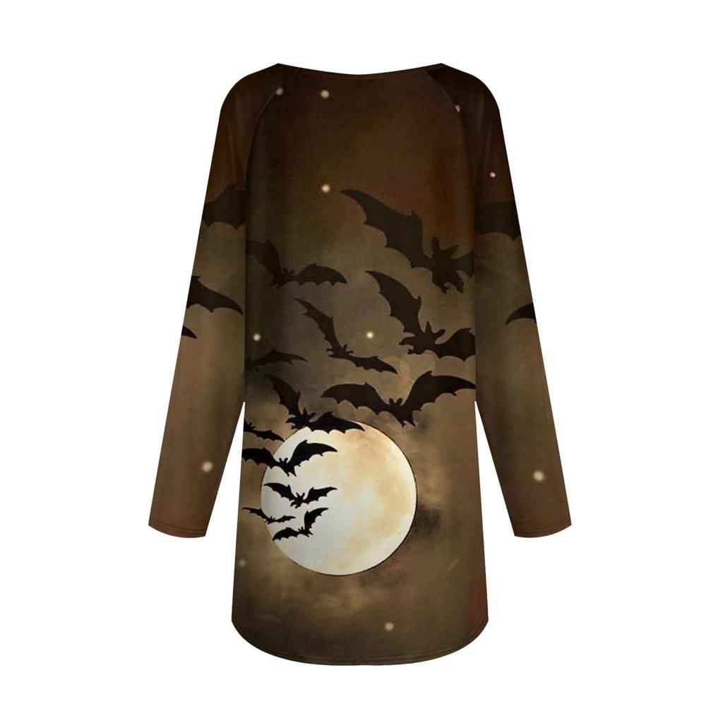 Women's Casual Plus Size Long Sleeved Round Neck Halloween Printed T-shirt Top Pullover
