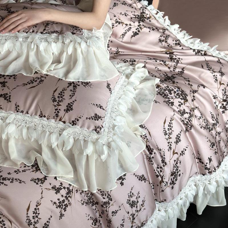 Tencel Cotton Bedding Four-piece Set Medieval Light Luxury Fashion Retro Chiffon Lace Printing Silky Smooth Quilt Cover Sheets