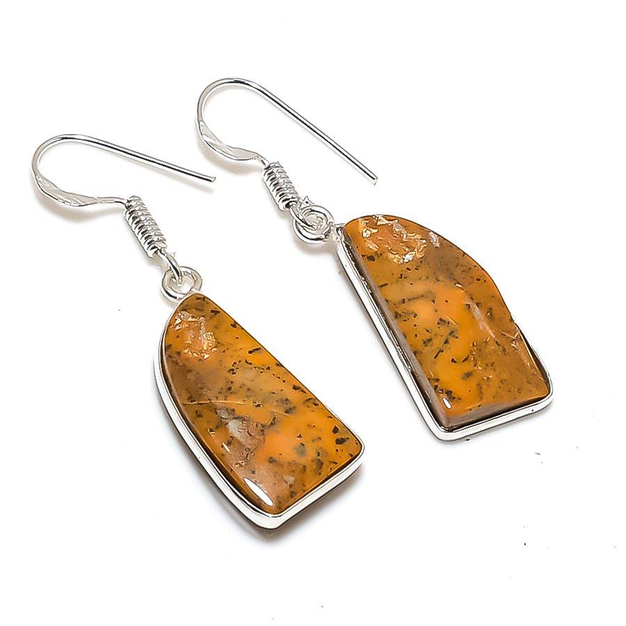 Natural Honey Dendritic Gemstone 925 Sterling Silver Jewelry Earring 1.65" AE-13063