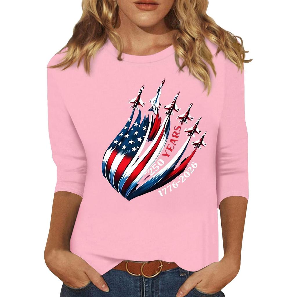 Women's Fashionable Casual Three-Quarter Sleeve 250th Anniversary Independence Day Print Neck Sweater