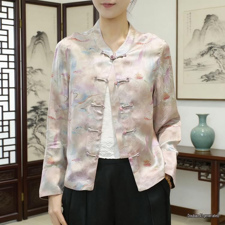 

Satin Frog Button Jacket - Women s High-End Chinese Style, Heavy Work, Printed Top for Spring, Autumn, and Winter 3XL (125-140 jin)
