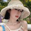 Women's Spring and Summer French Style Hollow Out Straw Hat with Lace Pearl Ribbon Floral Pattern Wide Brim Sunshade Sun Protection Hat