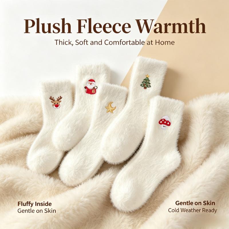 Women Christmas Mink Fleece Mid Calf Socks Thick Plush Embroidered Floor Socks Winter Warm Cozy Sleeping Socks