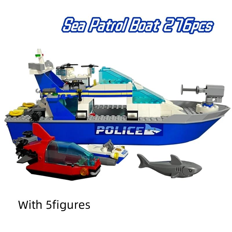 Compatible Sets Sea Speedboat Police Patrol Boat Shark MOC City Series Suit Building Blocks Model Brick Toys for Kids Gift 60277 No box