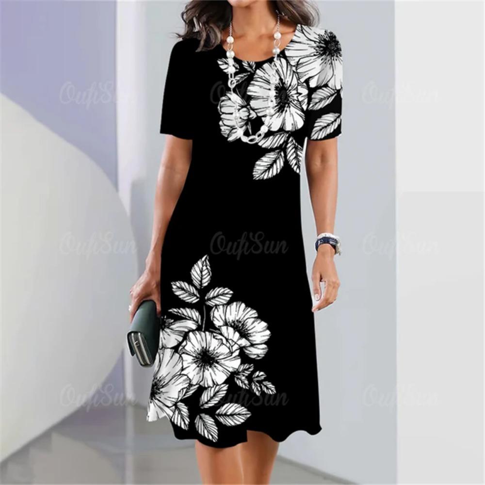 Plus Size Women Dress Summer 3D Patchwork Print Short Sleeve Dress Elegant Loose Casual A-Line Dress Ladies Large Size Sundress